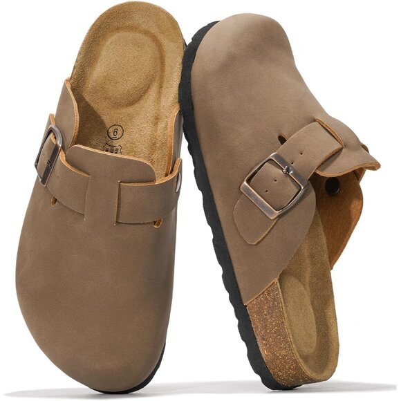 Shoes - Genuine Leather Footbed Clogs for Women - Memory Foam Arch Support Slippers for